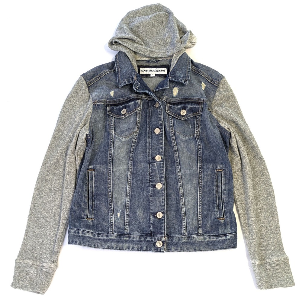 Express Jeans Mixed Media Denim Jacket Grey Hoodie Sleeves Distressed Blue M